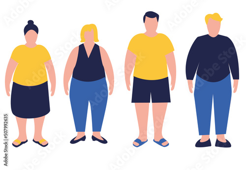 Set of flat cartoon illustrations of overweight women and men. Male and female characters of large size. Body positive .Body mass index concept. Adults with overweight problems. Isolated