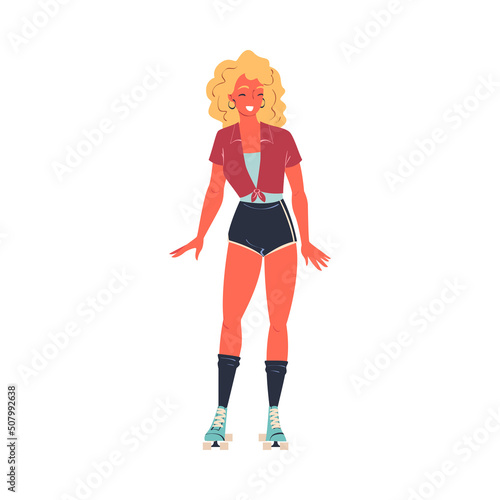 Retro Dressed Woman Roller Skater in Shorts Roller Skating and Smiling Vector Illustration