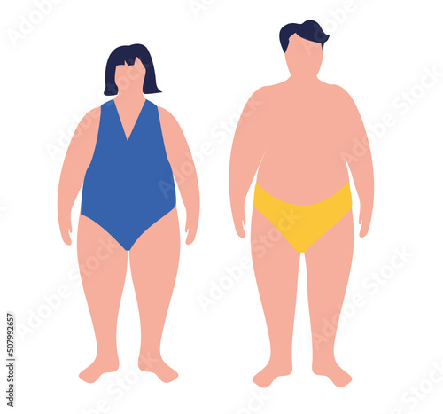 Flat cartoon illustration of overweight woman and man. Plus size person male and female characters. Body positive . I love my body. Adults with overweight problems. Isolated on a white background.