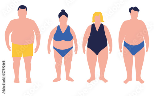 Set of flat cartoon illustrations of overweight women and men. Male and female characters of large size. Body positive .Body mass index concept. Adults with overweight problems. Isolated