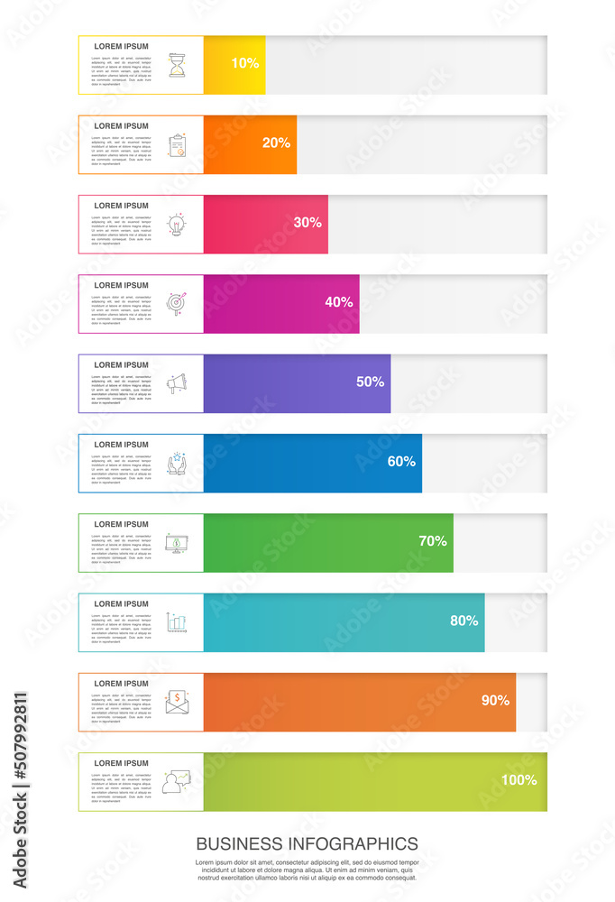 Vector infographic with ten horizontal columns. Modern business concept graphic process template with 10 steps. Graphic timeline for app, website, interface, chart, web, diagram, banner, presentations Vector infographic with ten horizontal columns. Modern business concept graphic process template with 10 steps. Graphic timeline for app, website, interface, chart, web, diagram, banner, presentations