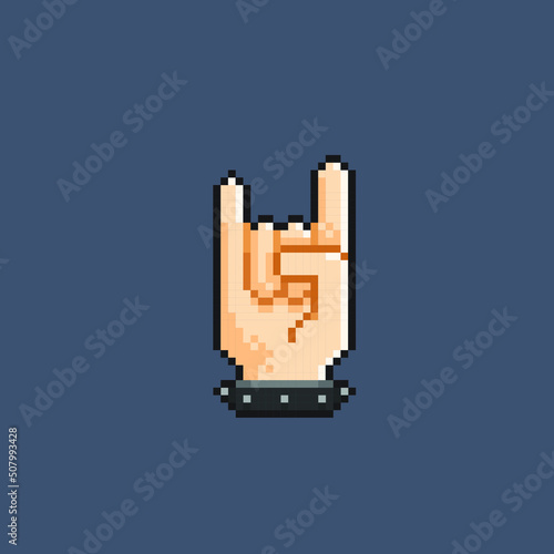 metal hand sign with black bracelet in pixel art style