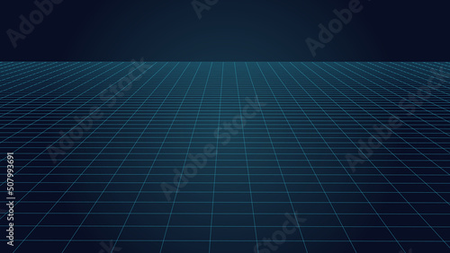 Perspective blue grid on a dark background. Futuristic vector illustration. Background in the style of the 80s.