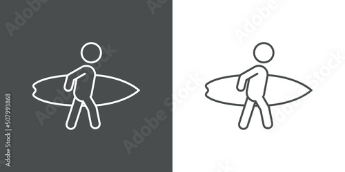 Beach holidays. Logo Surf. Icono plano silueta de surfista con tabla con líneas en fondo gris y fondo blanco