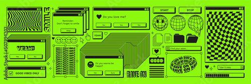 Old computer aestethic. Retro pc elements, user interface, operating system, windows, icons, smile in trendy y2k rave retro style. Sticker pack of retro pc illustrations. Nostalgia for 1990s -2000s. photo