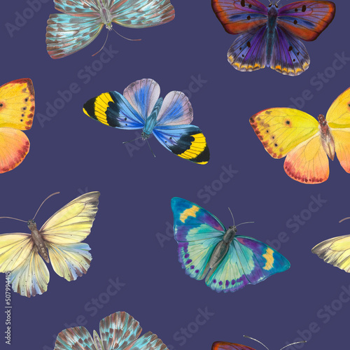 Seamless pattern Watercolor butterflies on a bright background. Botanical background of butterflies for design, wallpapers, wrapping paper, textiles. © Sergei