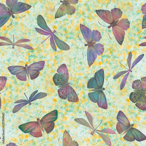 Seamless watercolor background. Butterflies and dragonflies on a background of flowers. Colorful botanical background for design, textiles, wallpapers. © Sergei