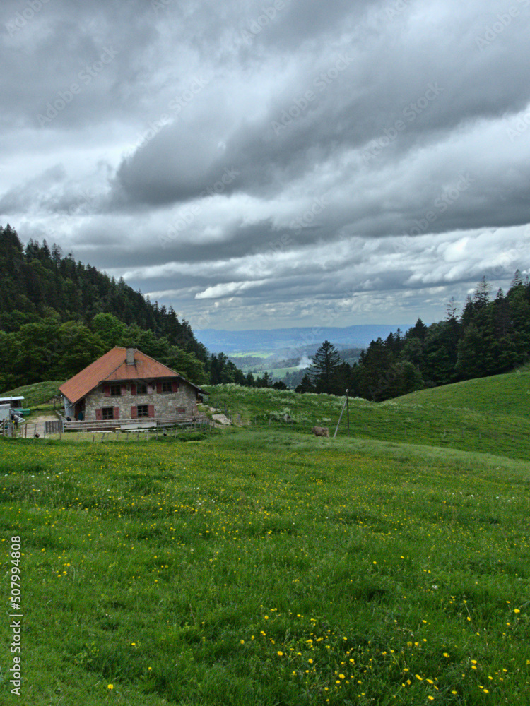 Le Suchet, Switzerland - May 2022 : Hiking to the Suchet mountain (1587 m) in the Swiss Jura Mountains
