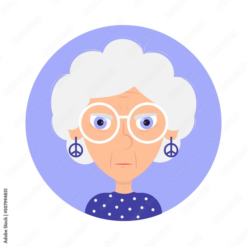Determined hippie old woman avatar vector illustration Determined hippie old woman avatar vector illustration