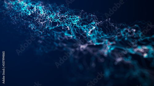 Abstract blue background with wave flow of particles. Futuristic blue wave. An illustration of a network connection failure. A large data stream. 3D rende