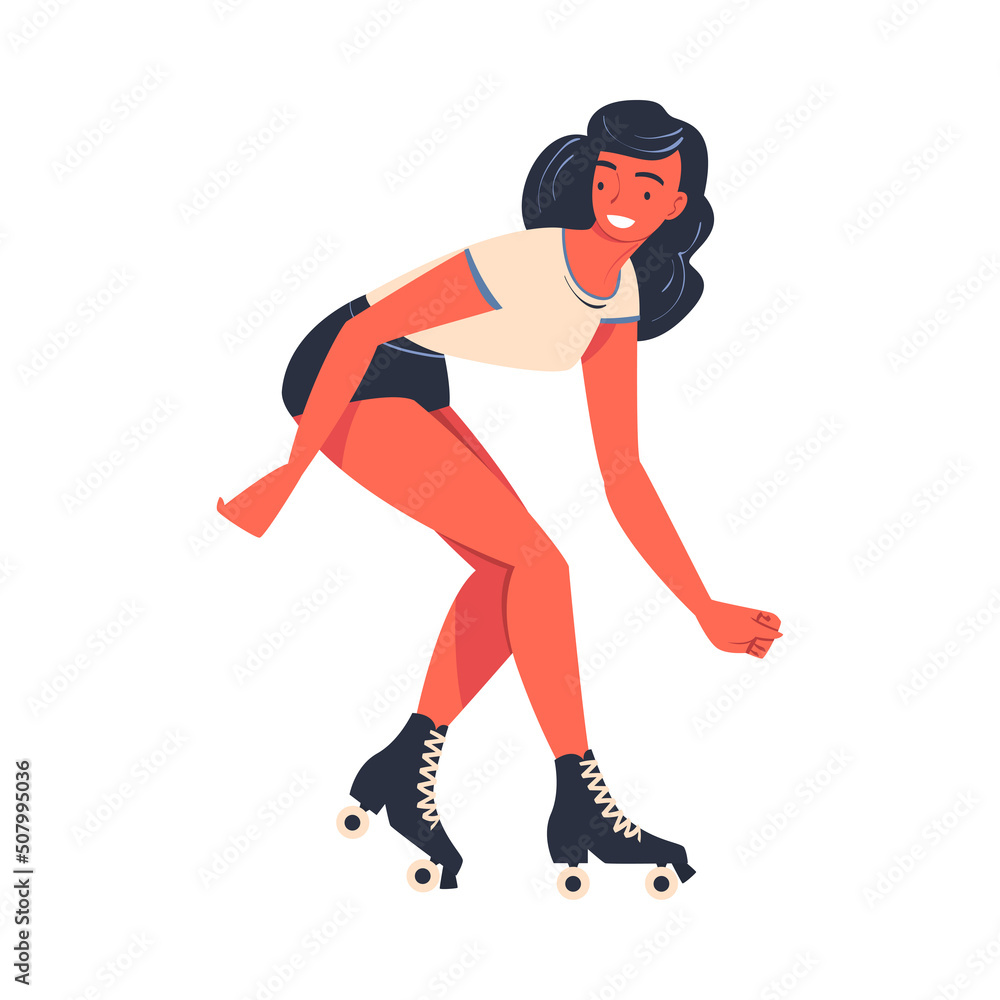 Retro Dressed Woman Roller Skater in Shorts Roller Skating and Smiling Vector Illustration Retro Dressed Woman Roller Skater in Shorts Roller Skating and Smiling Vector Illustration