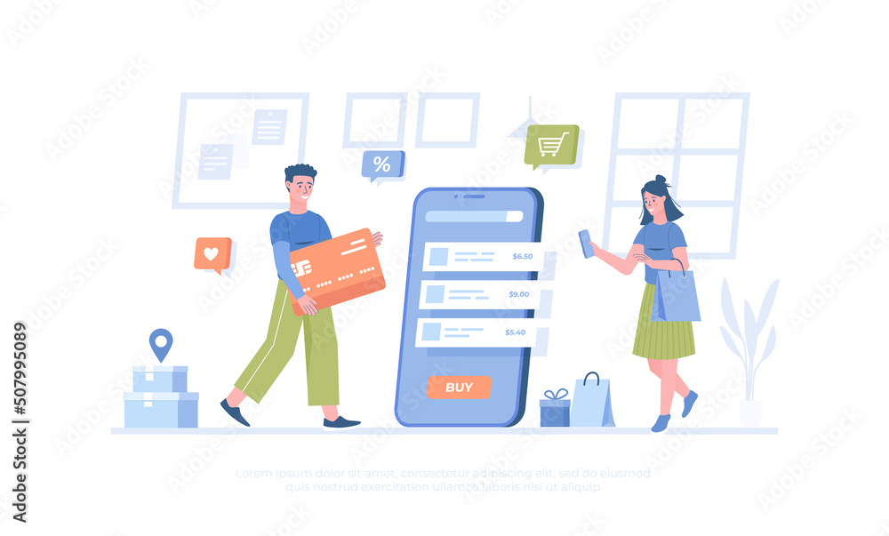 Shopping online. Internet store app and mobile payments by credit card via electronic wallet wirelessly on phone. Cartoon modern flat vector illustration for banner, website design, landing page. Shopping online. Internet store app and mobile payments by credit card via electronic wallet wirelessly on phone. Cartoon modern flat vector illustration for banner, website design, landing page.