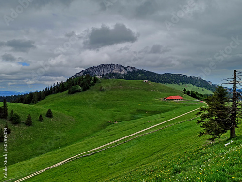 Le Suchet, Switzerland - May 2022 : Hiking to the Suchet mountain (1587 m) in the Swiss Jura Mountains
 photo