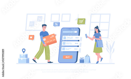 Shopping online. Internet store app and mobile payments by credit card via electronic wallet wirelessly on phone. Cartoon modern flat vector illustration for banner, website design, landing page.	
