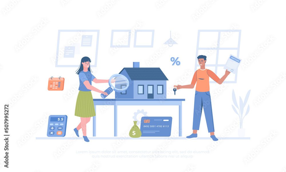 Mortgage, credit agreement. Calculation of loan repayment, home value. Cartoon modern flat vector illustration for banner, website design, landing page.	