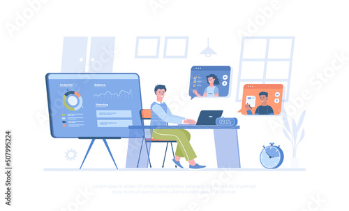 Video business conference. Online meeting, virtual video discussion with colleagues. Cartoon modern flat vector illustration for banner, website design, landing page.	