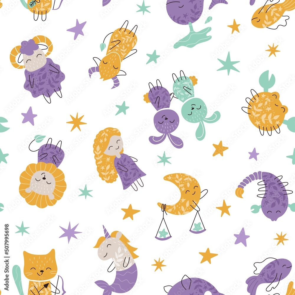 Cute vector pattern with zodiac sign. Adorable characters. Aquarius, pisces, aries, leo, gemini, taurus, scorpio, sagittarius, libra, virgo, capricorn, cancer. Horoscope signs for kids Cute vector pattern with zodiac sign. Adorable characters. Aquarius, pisces, aries, leo, gemini, taurus, scorpio, sagittarius, libra, virgo, capricorn, cancer. Horoscope signs for kids