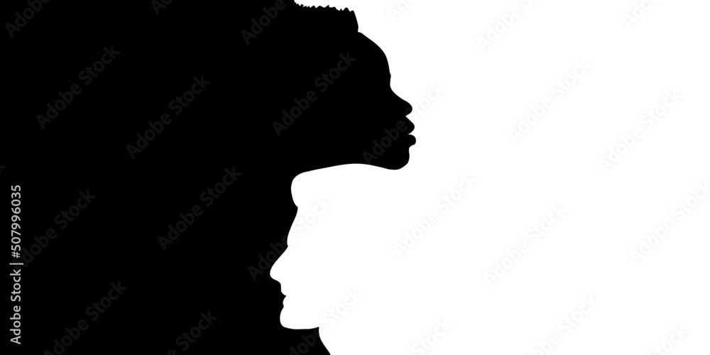 Racial equality anti-racism concept background. Profile head silhouette of diversity multiethnic people. An African American intersecting with another European man.