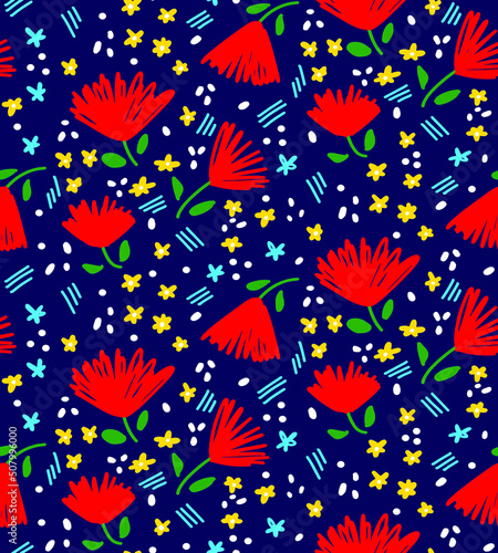 Abstract Hand Drawing Ditsy Flowers Leaves Dost and Brush Strokes Seamless Vector Pattern Isolated Background