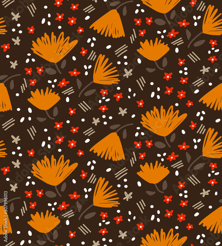 Abstract Hand Drawing Ditsy Flowers Leaves Dost and Brush Strokes Seamless Vector Pattern Isolated Background