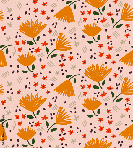 Abstract Hand Drawing Ditsy Flowers Leaves Dost and Brush Strokes Seamless Vector Pattern Isolated Background