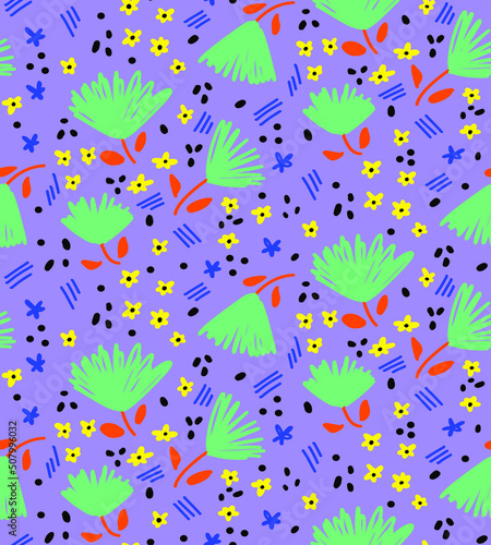 Abstract Hand Drawing Ditsy Flowers Leaves Dost and Brush Strokes Seamless Vector Pattern Isolated Background