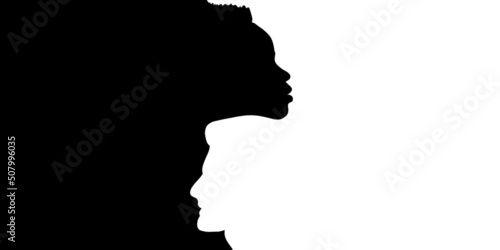 Racial equality anti-racism concept background. Profile head silhouette of diversity multiethnic people. An African American intersecting with another European man.
