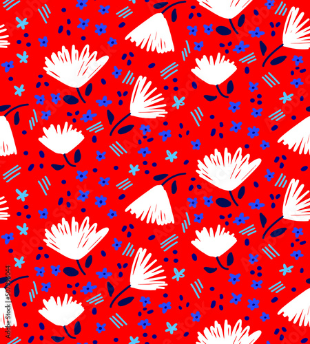 Abstract Hand Drawing Ditsy Flowers Leaves Dost and Brush Strokes Seamless Vector Pattern Isolated Background
