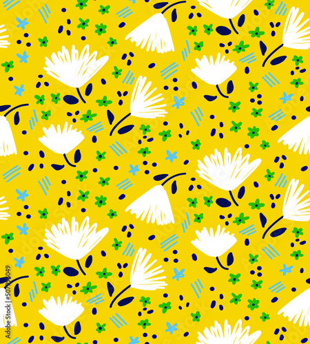 Abstract Hand Drawing Ditsy Flowers Leaves Dost and Brush Strokes Seamless Vector Pattern Isolated Background