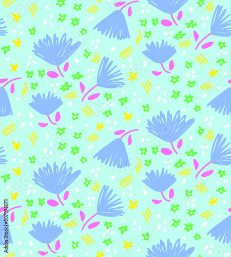 Abstract Hand Drawing Ditsy Flowers Leaves Dost and Brush Strokes Seamless Vector Pattern Isolated Background