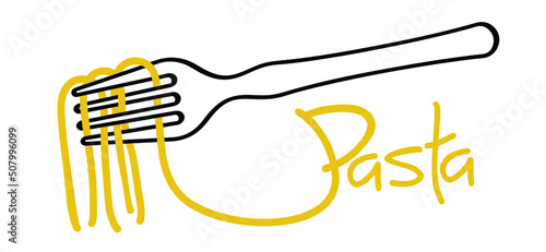 Word pasta or spaghetti day, Italian food such as: noodles, vermicelli, rotini, fusili, tortellini, linguini, conchiglie, fettucine, penne, capellini. Traditional Italian ddishes. Fast food with fork.