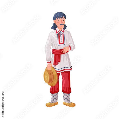 Man Wearing Traditional Clothing of Romania with Embroidery and Straw Shoes Vector Illustration
