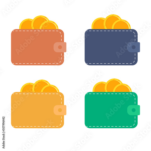 Leather wallet with a handful of coins. Isolated on white background. Vector illustration.