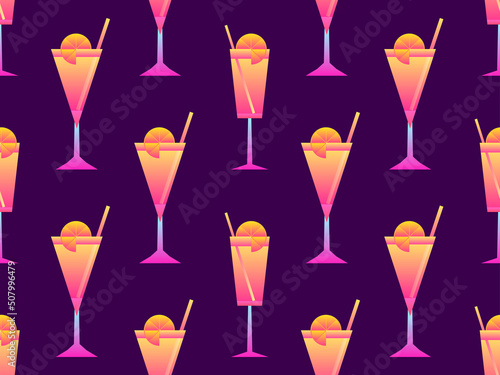 Cocktail with umbrellas 80s style seamless pattern. Alcoholic cocktails with umbrellas and lime slice. Design for bar menus, advertising materials and banners. Vector illustration