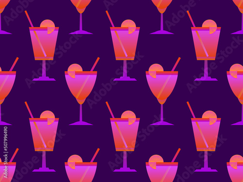 Cocktail with umbrellas 80s style seamless pattern. Alcoholic cocktails with umbrellas and lime slice. Design for bar menus, advertising materials and banners. Vector illustration