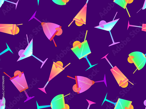 Cocktail with umbrellas 80s style seamless pattern. Alcoholic cocktails with umbrellas and lime slice. Design for bar menus, advertising materials and banners. Vector illustration
