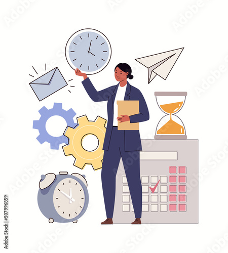 Concept of effective time management. Strategic planning, organization of work, schedule of planned cases. Secretary, assistant, manages business process. Flat vector illustration. Cartoon characters.