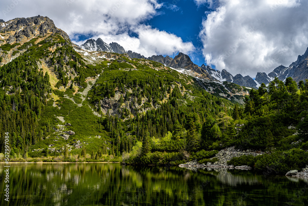 Beautiful mountain lake landscape. Popradske Pleso, Tatra National Park, Slovakia.