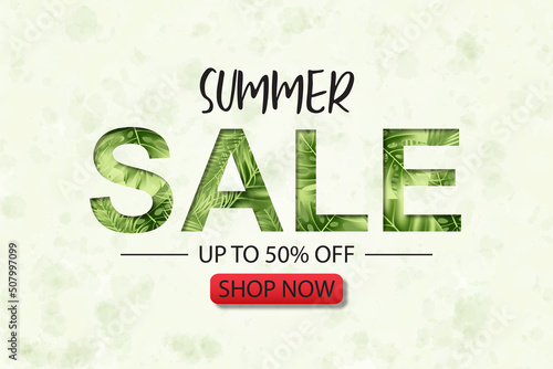 Summer sale banner design with tropical leaves background
