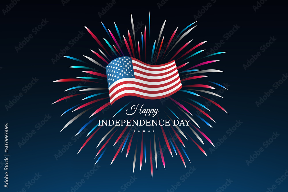 Banner 4th of july usa independence day, template with american flag on sky background and colorful fireworks. Fourth of july, USA national holiday. Vector illustration, poster - obrazy, fototapety, plakaty 