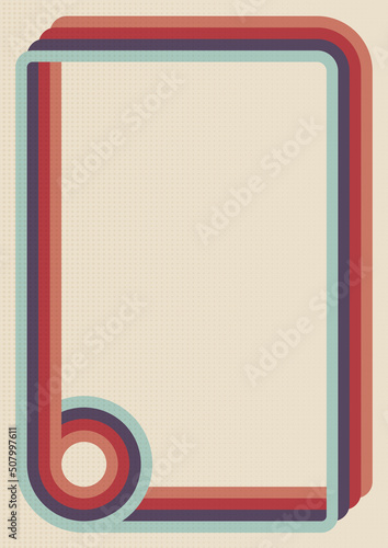 Retro background with stripes and half-tone square texture in 1970s style. Vintage template for cover or banner. Vector illustration in retro colors.