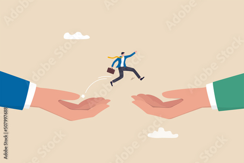 Change job or career, escape from toxic office, determination and courage to change to better place, improvement or progression concept, confidence businessman jumping from giant hand to new place.