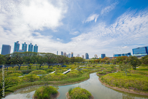 A park with large trees and water bodies with large tall buildings in the background