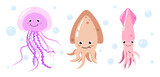 Set of multicolored marine inhabitants in cartoon style. Vector illustration of charming characters jellyfish, cuttlefish, squid with bubbles around.
