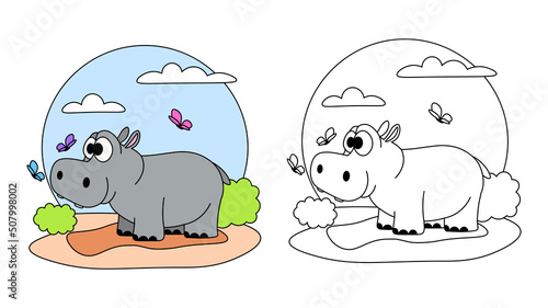 Vector illustration of children's coloring book or page on white background. Funny hippo characters around butterflies for a design poster, print, greeting card, label, patch or sticker in a cartoon.