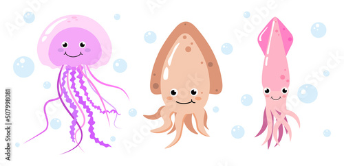 Set of multicolored marine inhabitants in cartoon style. Vector illustration of charming characters jellyfish, cuttlefish, squid with bubbles around.