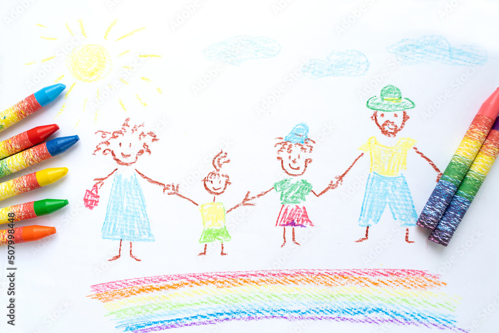 Child's drawing of happy family with colored pencils crayons. Family of mom, dad and two children. Positive concept of intimacy and togetherness.