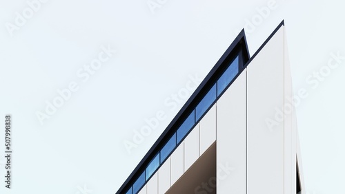 Architectural construction against the blue sky. 3d render illustration with copy space. Simple, stylish, popular architectural illustration for advertising, business, presentations, wallpapers.	