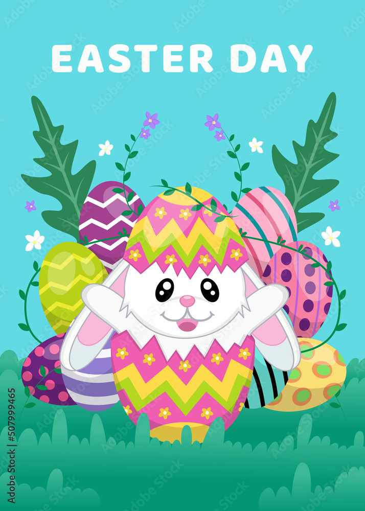 Naklejka premium happy easter day, with a bunny in an egg and some beautiful flowers