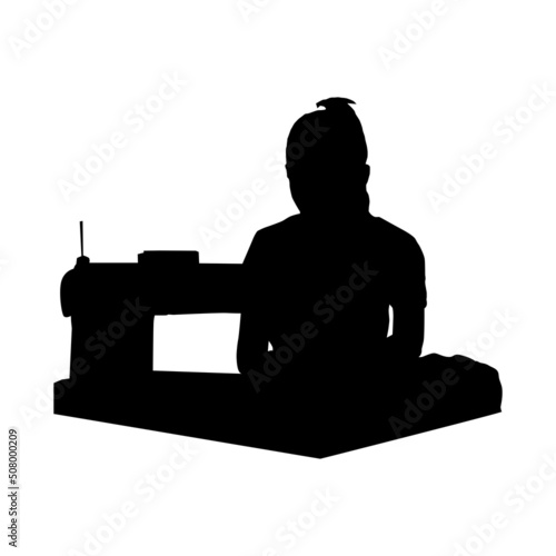 garment girl silhouette, worker in textile factory sewing with industrial sewing machine silhouette, Dressmaker woman working with sewing machine silhouette, Fashion designer silhouette.